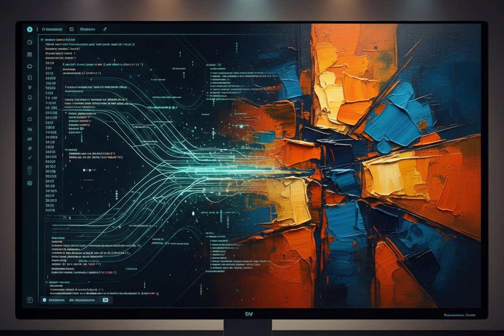 Code and art combined to show the coding behind the artworks